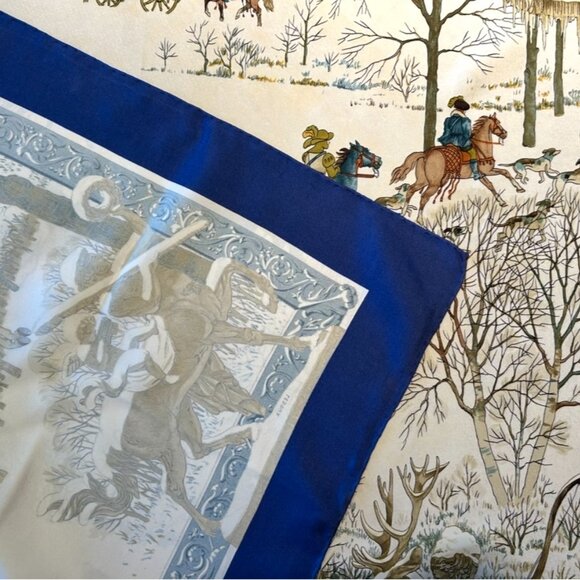 Vintage Hermes "L' Hiver" Silk Scarf with Blue Border Winter Snow - Picture 8 of 13